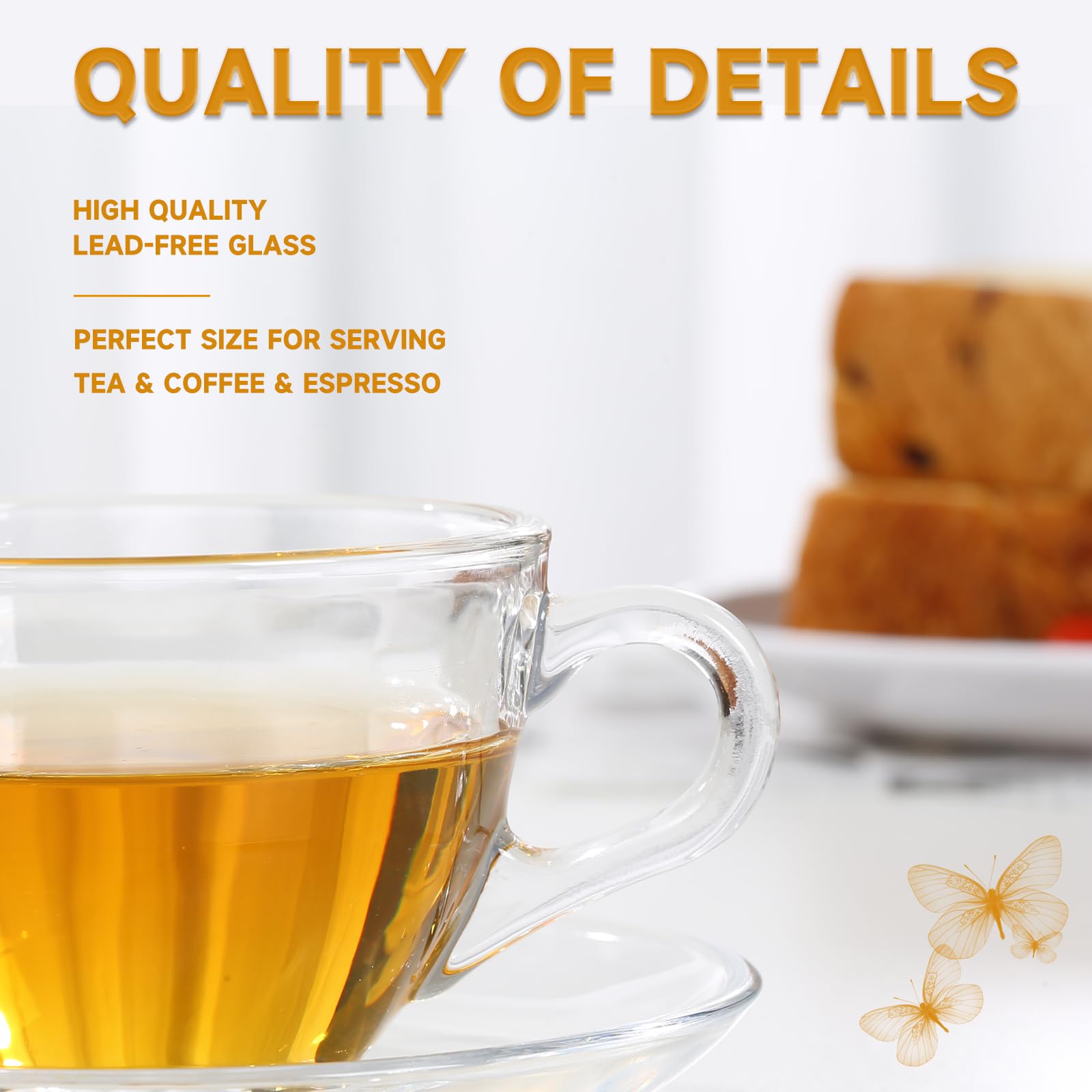 GURUDAR glass teacup and saucer set on a cafe style table with beverages