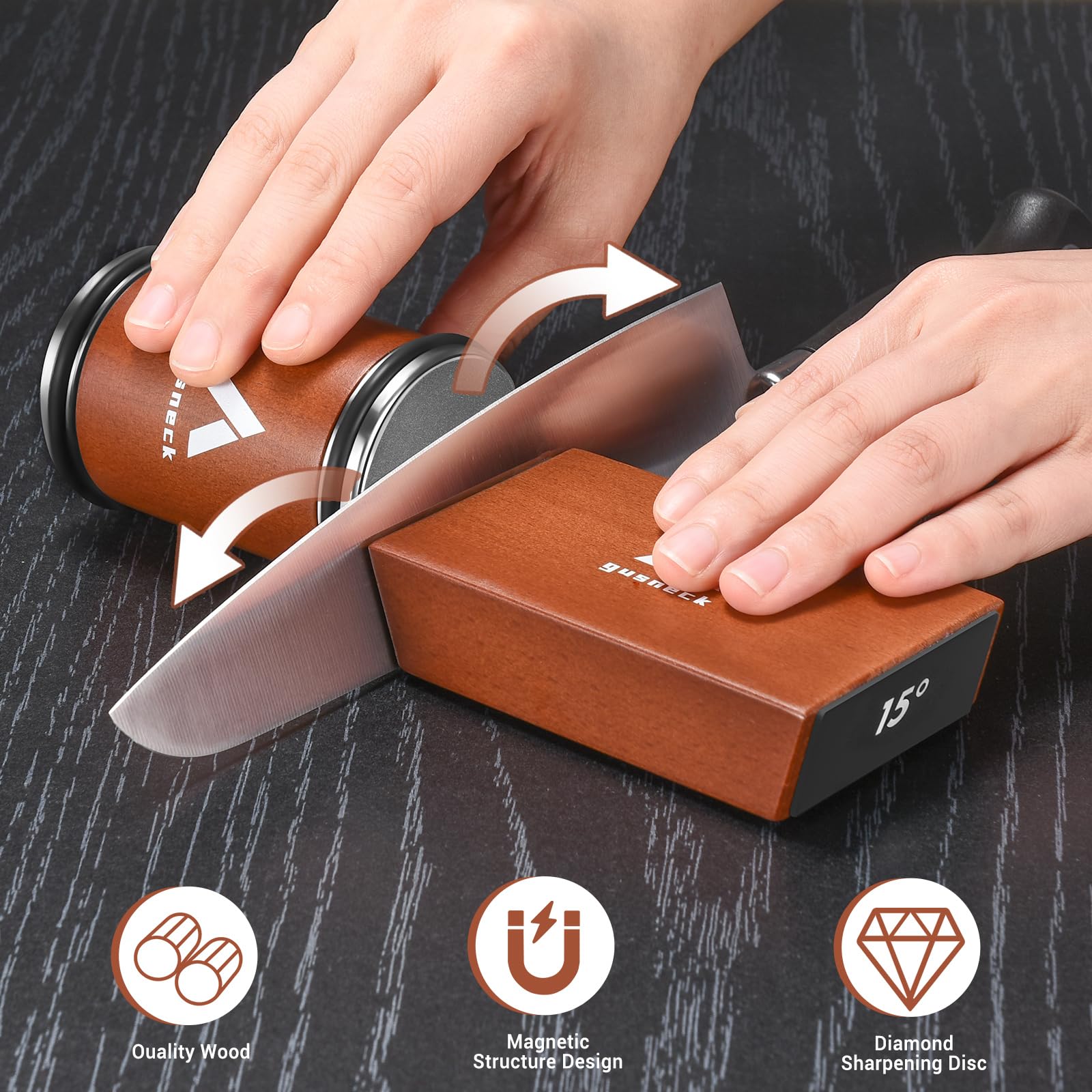 Gusneck magnetic base keeps blades secure for safe sharpening.