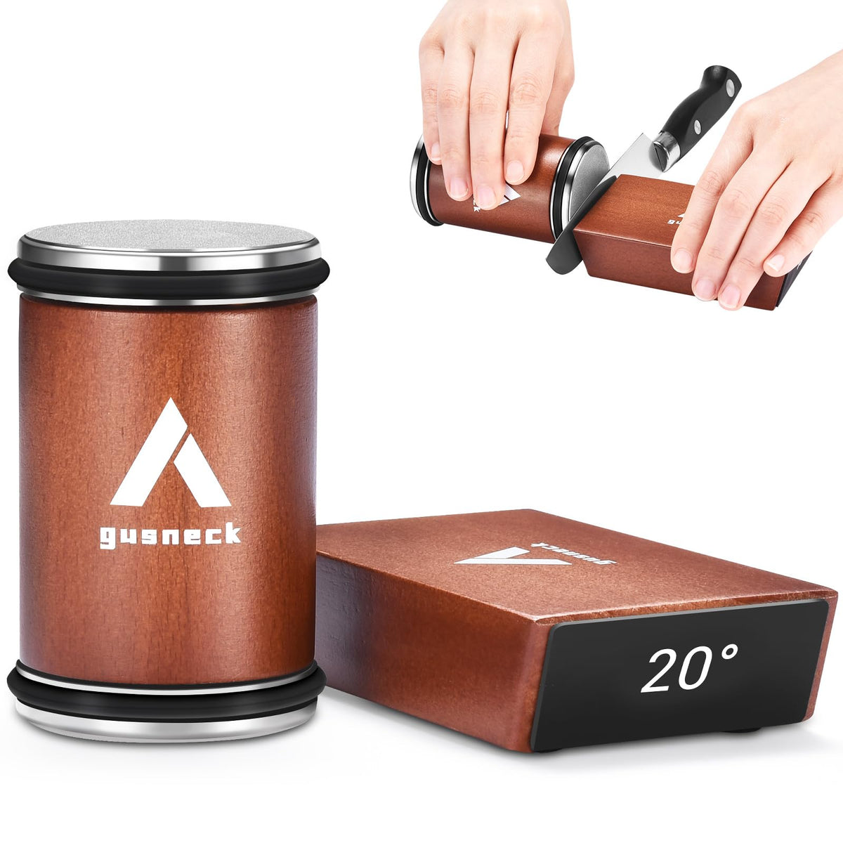 Gusneck rolling sharpener base provides stable sharpening for kitchen blades.