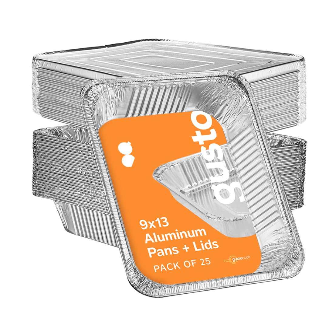 GUSTO 25-count 9x13 aluminum pans with lids for easy baking and storage.