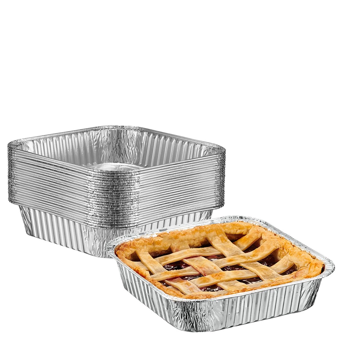 GUSTO 8x8 square foil pans stacked for easy storage and ready use