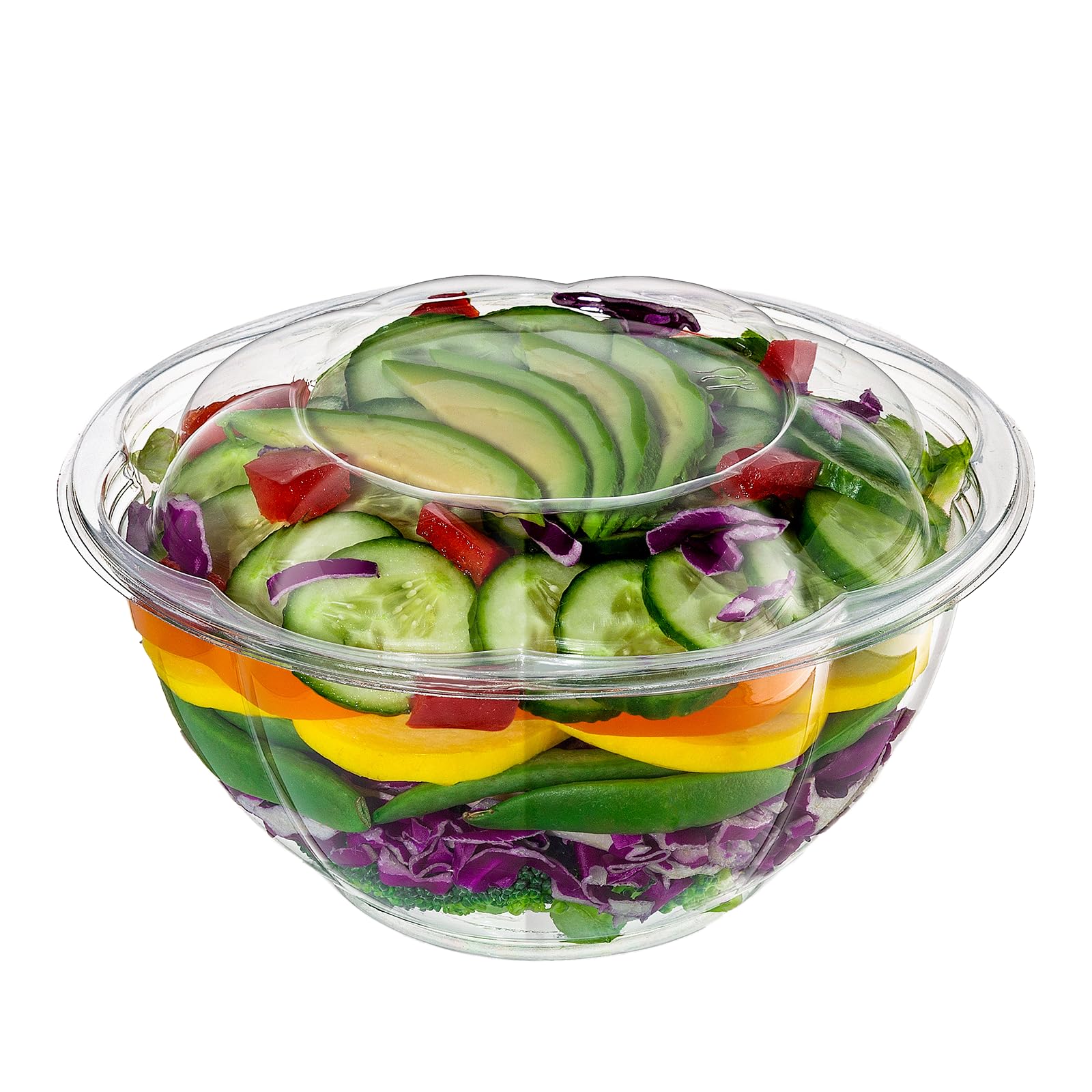GUSTO 32 oz clear salad bowls with lids, ideal for takeout and meal prep.