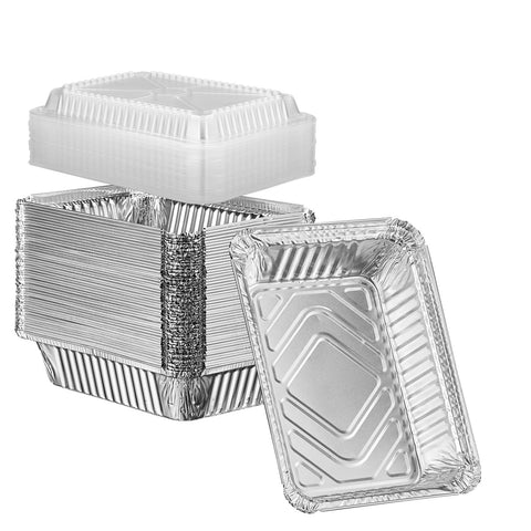 GUSTO 2 lb disposable foil pans with clear lids for easy takeout and fresh presentation.