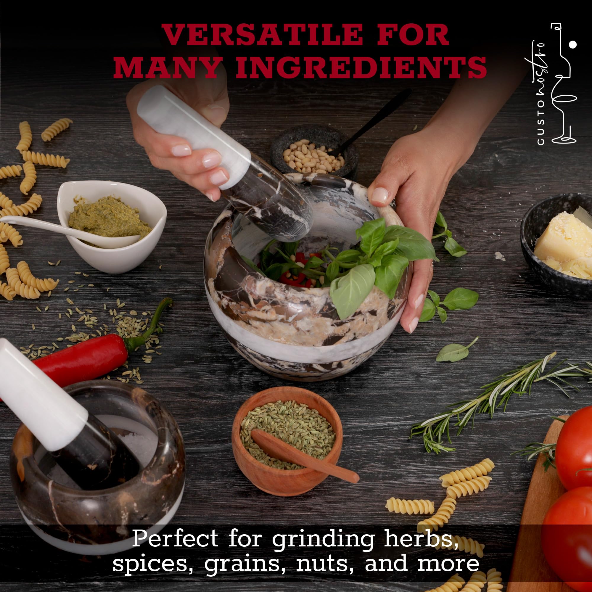 Artisan design of Gusto Nostro mortar enhances kitchen aesthetics while grinding.