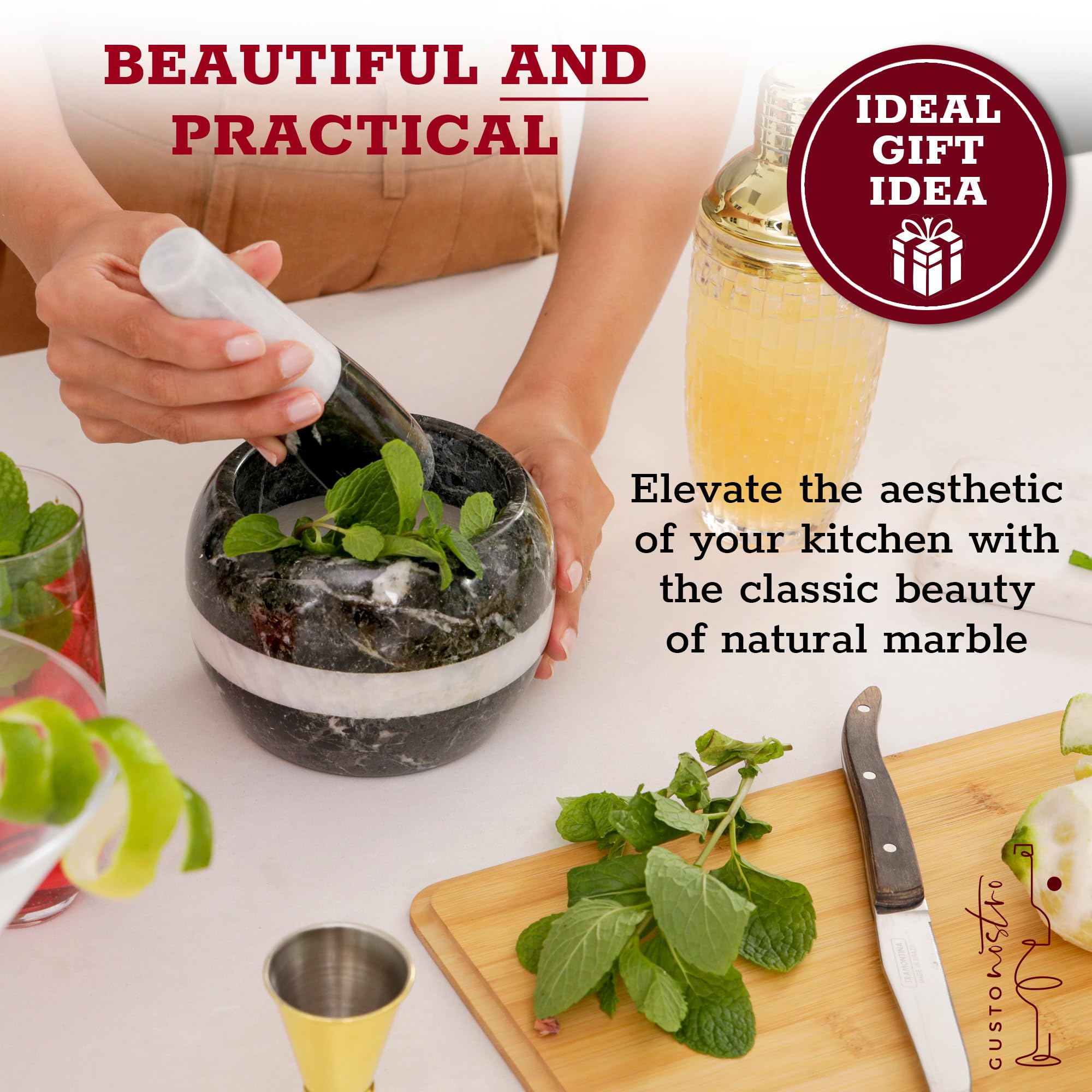 Heavy-duty marble bowl endures daily use for spices, nuts, and blends.