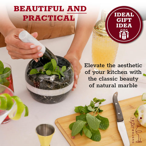 Heavy-duty marble bowl endures daily use for spices, nuts, and blends.