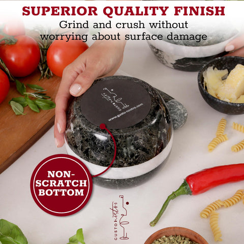 Large-capacity mortar supports batch prep for pesto, guacamole, and spices.