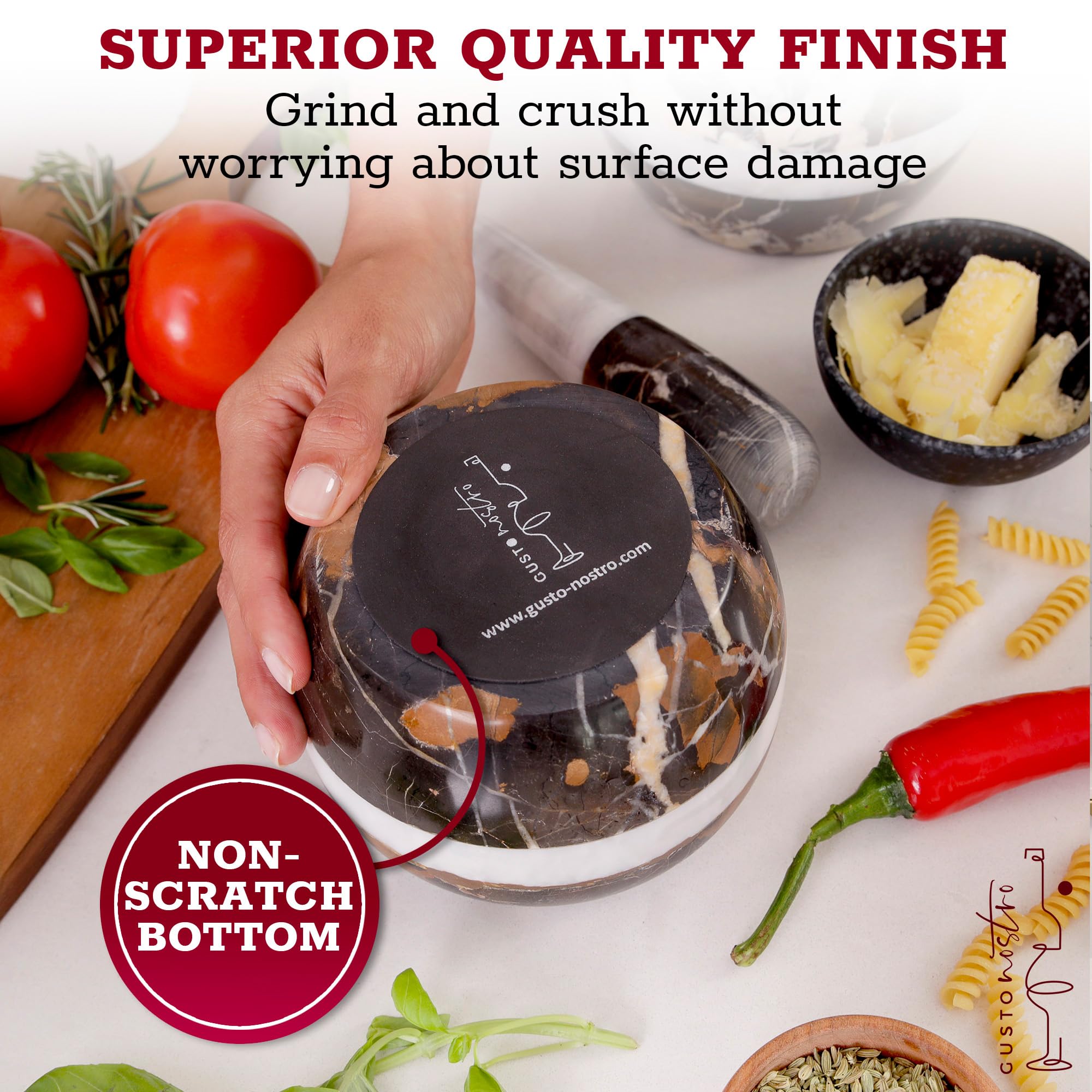 Gusto Nostro large-capacity mortar ideal for pesto and guacamole in big batches.