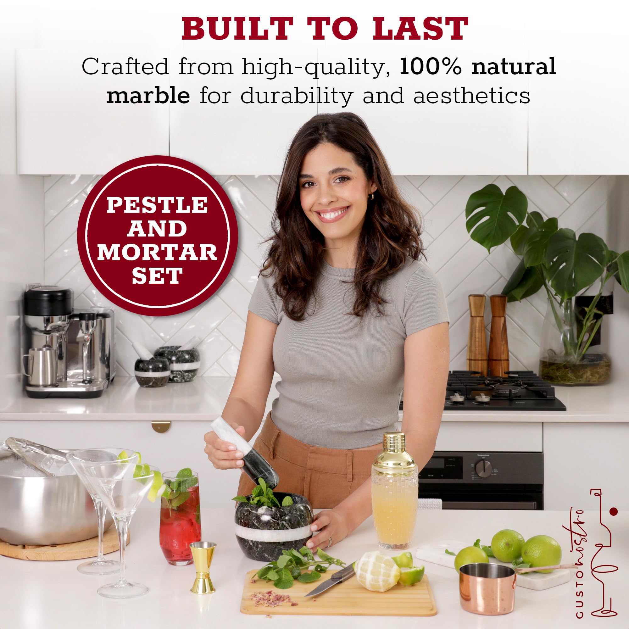 Gusto Nostro pestle in natural marble enhances pesto and salsa textures.
