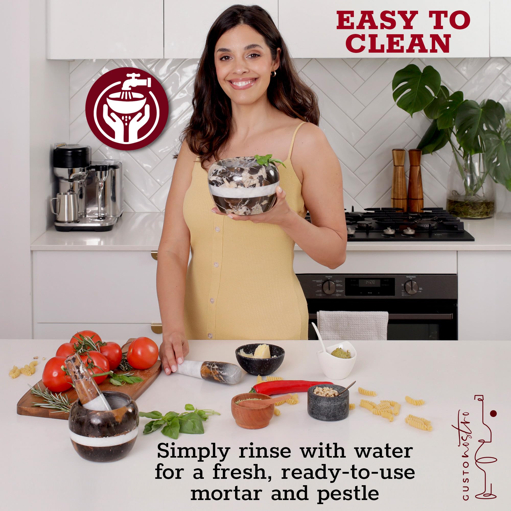 Pesto prep using Gusto Nostro artisanal marble mortar and pestle.