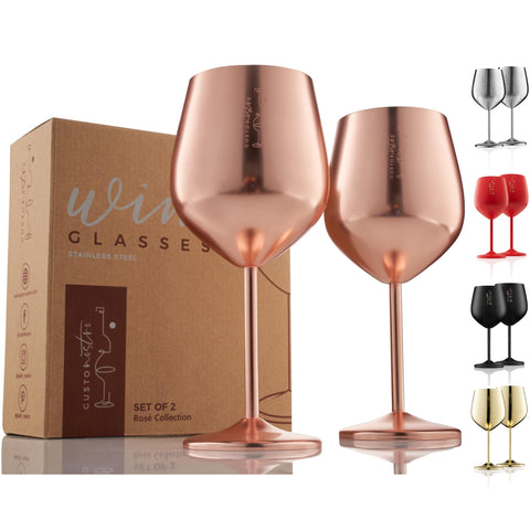 Gusto Nostro rose-gold 2-pack wine glasses, unbreakable and travel-ready for outdoors.