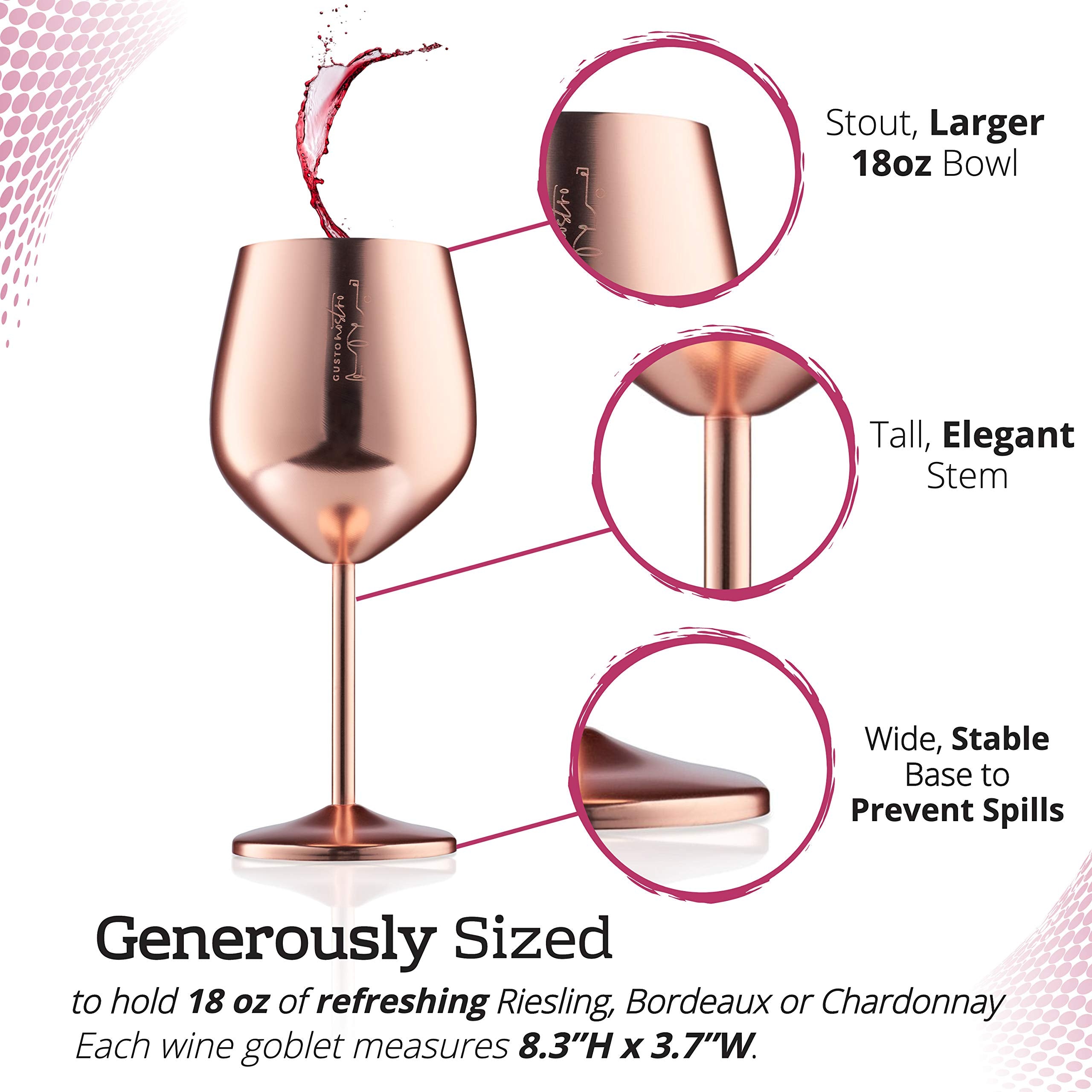 Gusto Nostro rose-gold finish wine glass showcases a stylish, portable option for picnics.