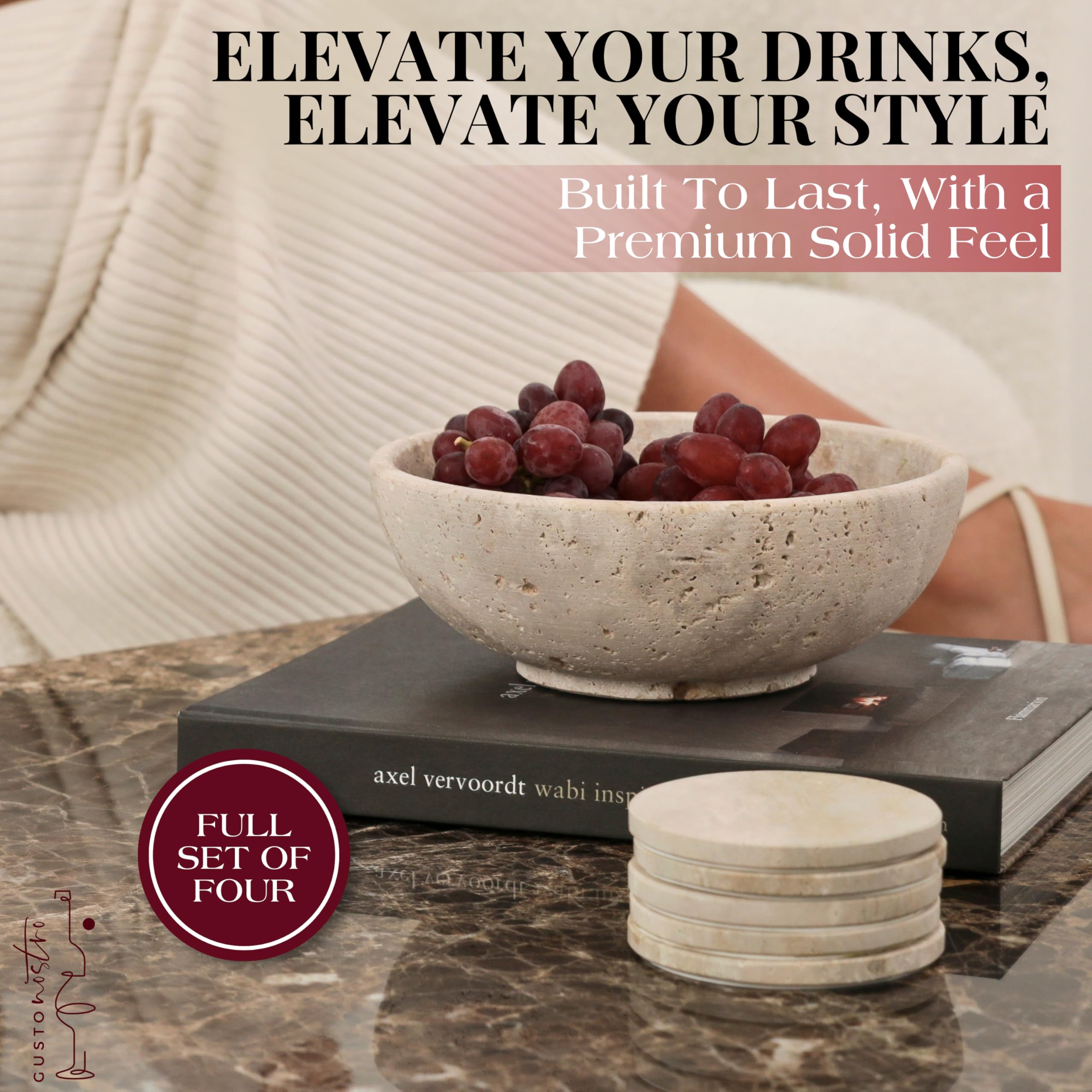 Gusto Nostro Travertine Coaster with anti-slip backing keeps glasses steady.