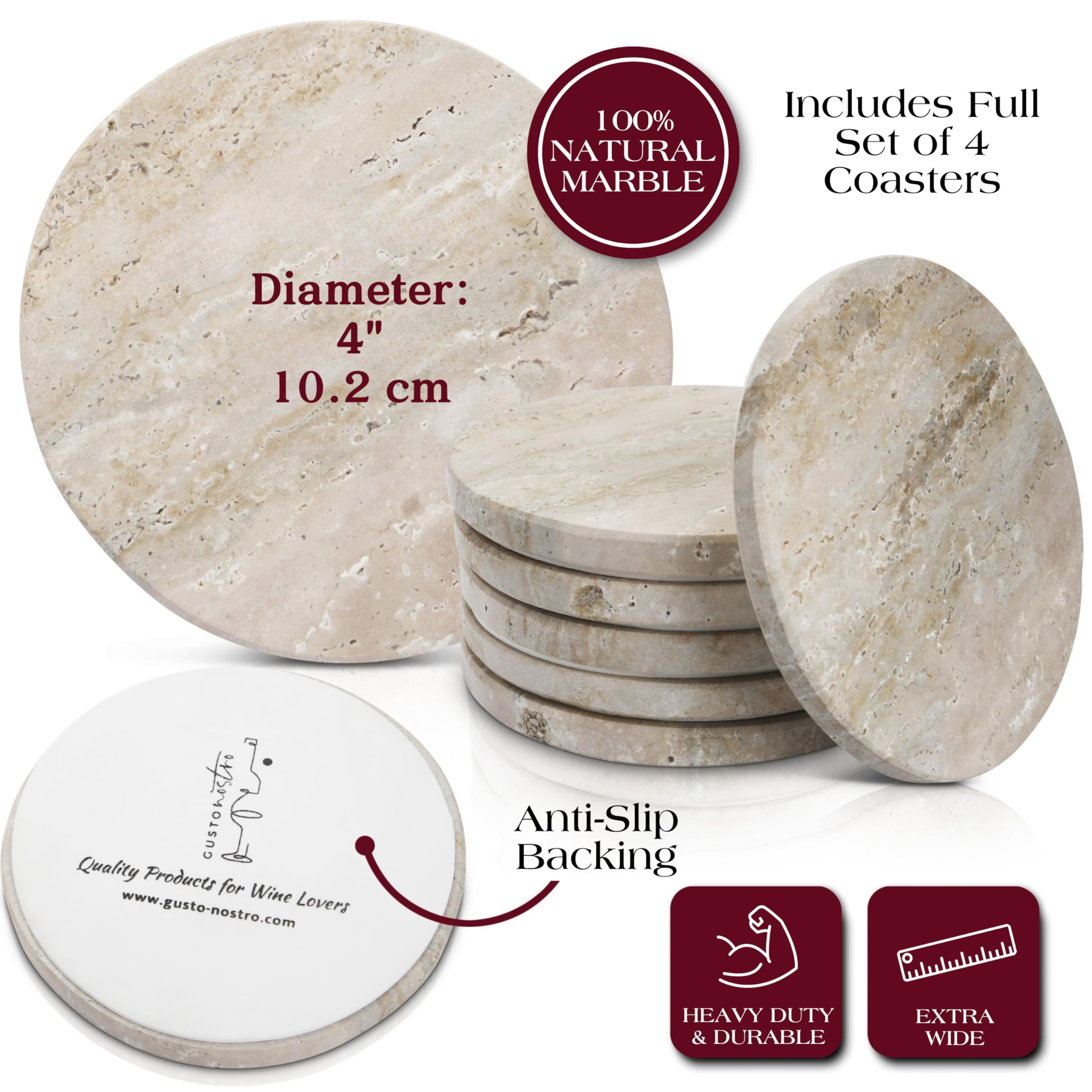 Gusto Nostro Travertine Coaster accommodates wine glasses while preserving surfaces.