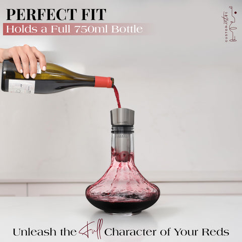 Gusto Nostro wide-base decanter increases wine surface contact for aeration