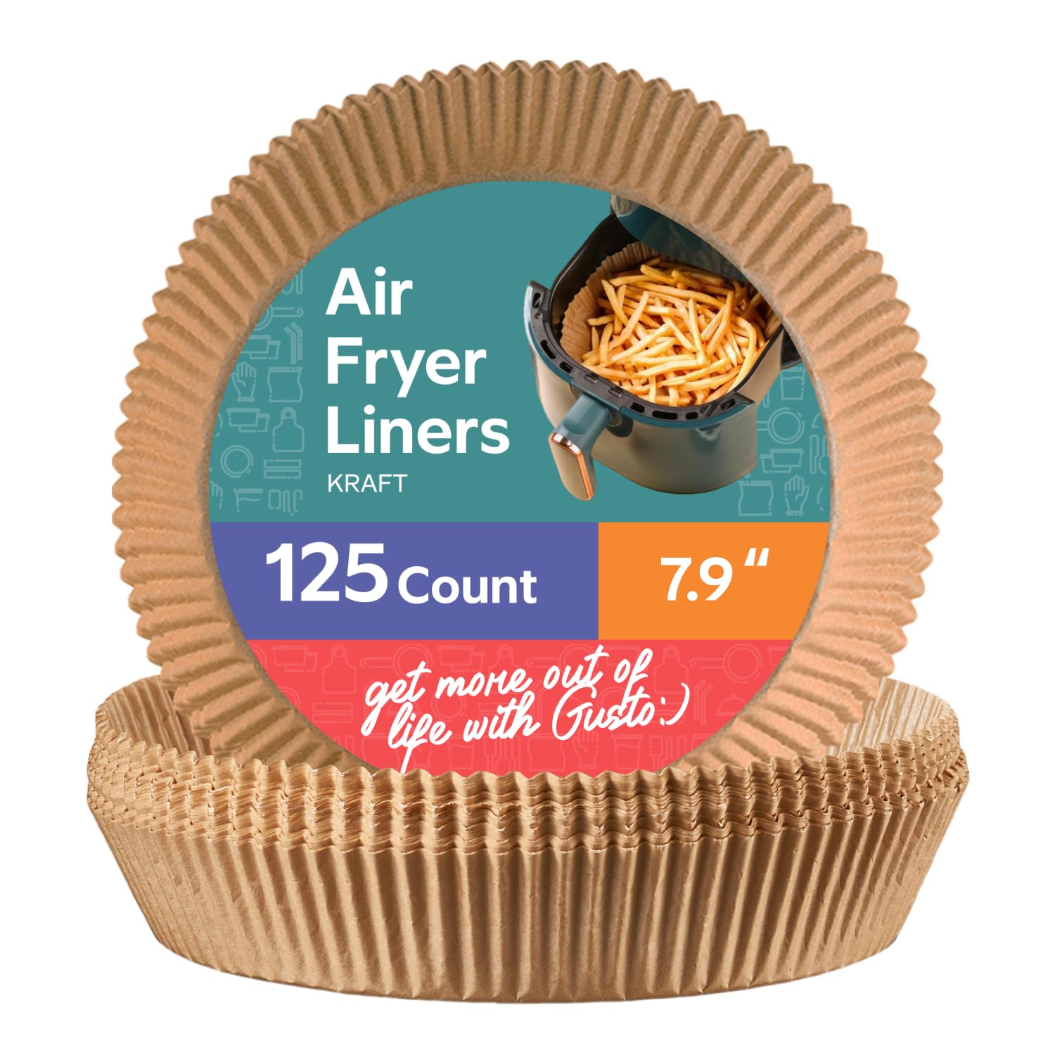 GUSTO round air fryer liners 7-9 inch provide quick cleanup and non-stick protection.