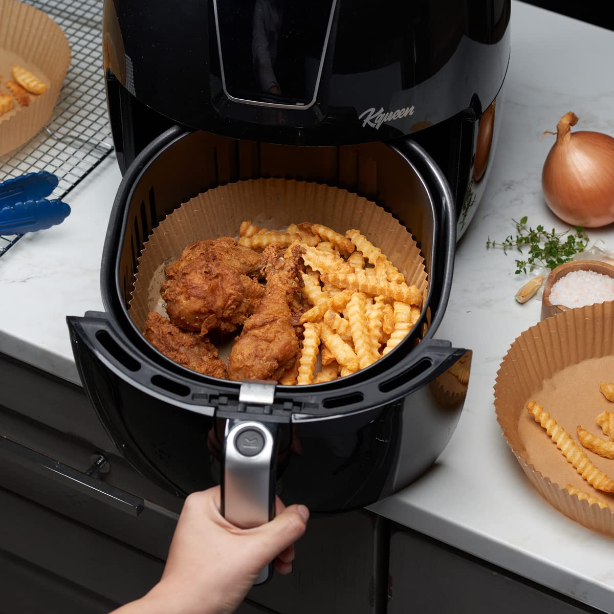 GUSTO round air fryer liners fit 5-8 qt fryers for easy meals.