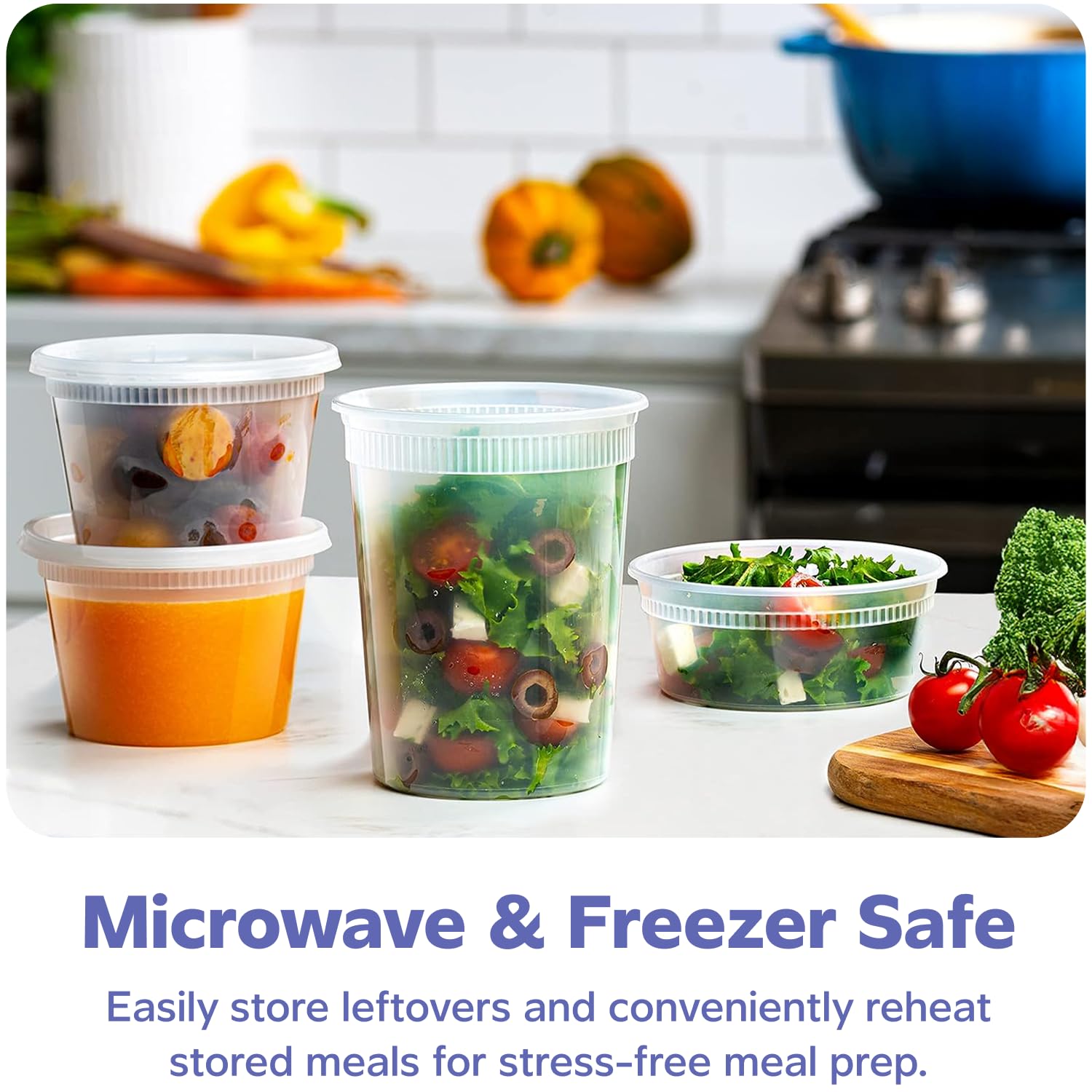 GUSTO To Go 32 oz containers with lids, great for bulk prep and soups.