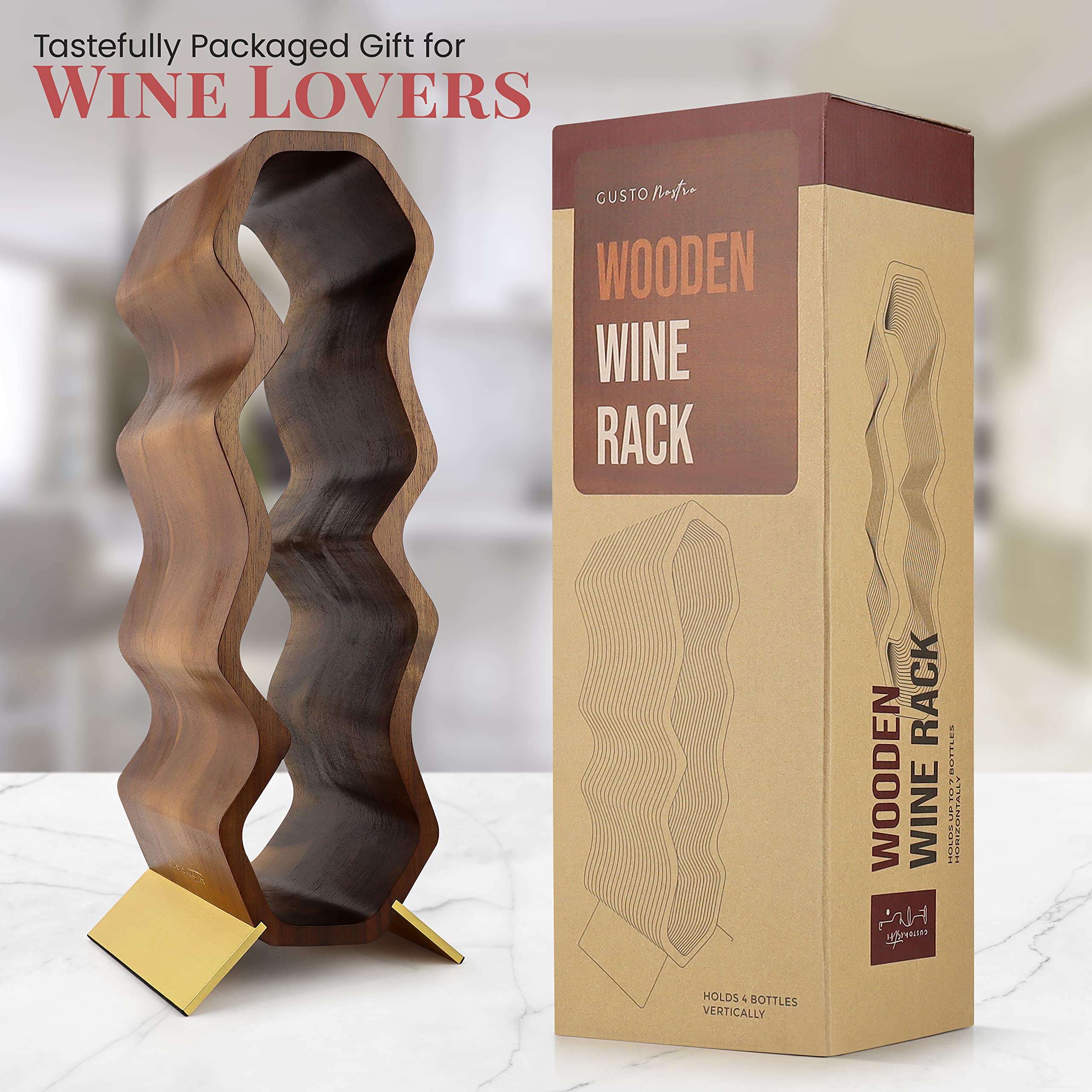 Gusto Nostro acacia wine rack on a kitchen counter display