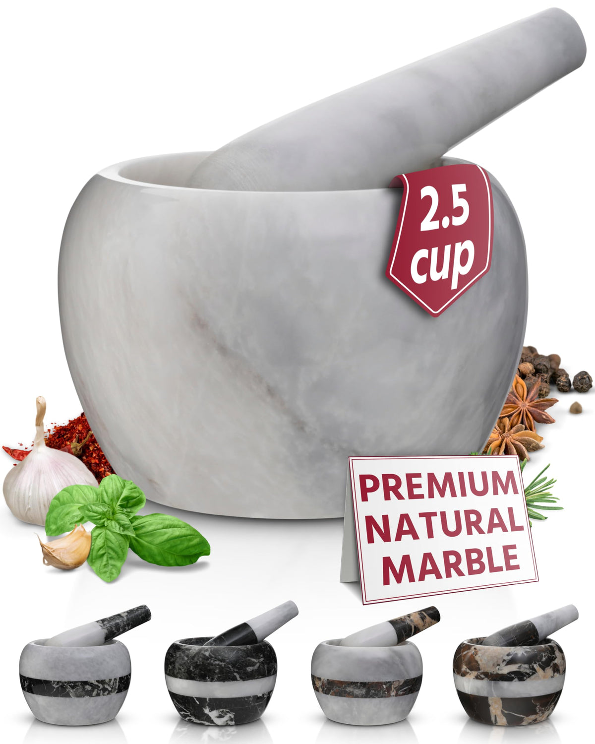 Gusto Nostro marble mortar and pestle 5in for intensified flavor extraction.