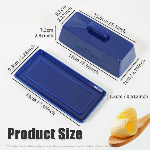 Gute navy ceramic butter dish on the kitchen counter for everyday use.