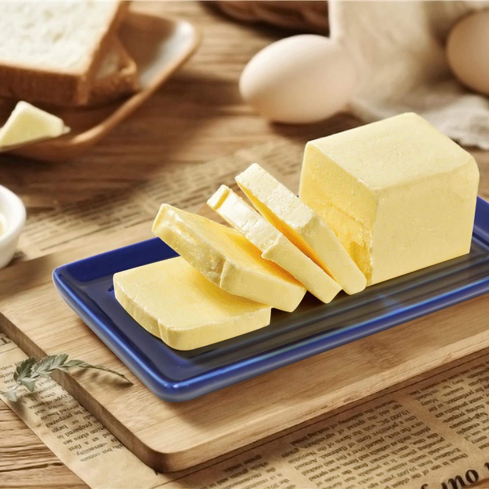 Gute gift-ready butter dish in navy complements any table setting.