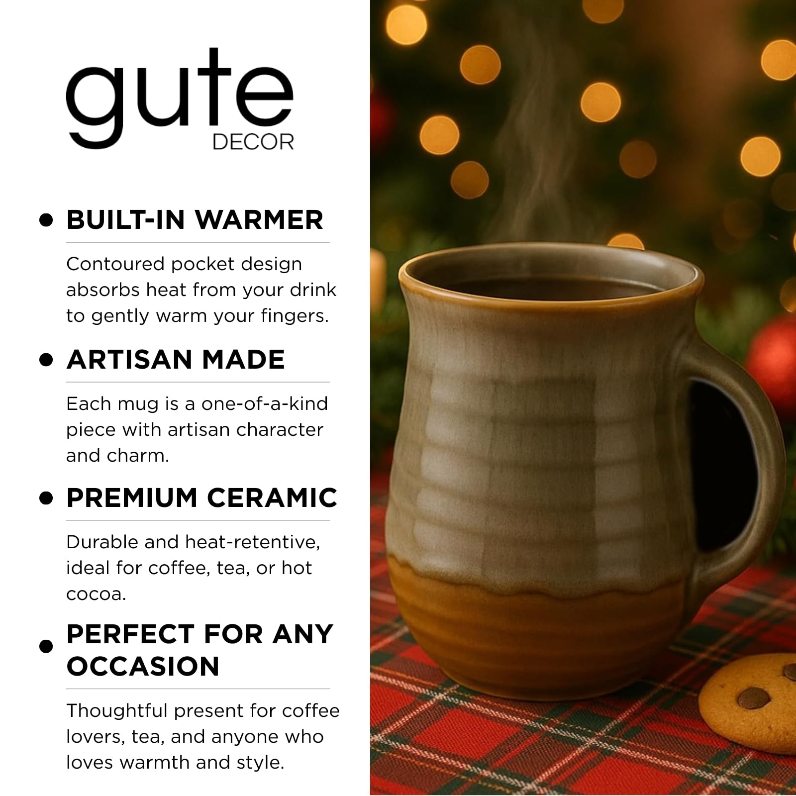 GUTE hand warmer mug 14-oz capacity serves hot beverages generously.