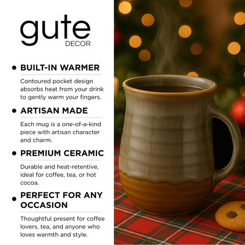 GUTE hand warmer mug 14-oz capacity serves hot beverages generously.