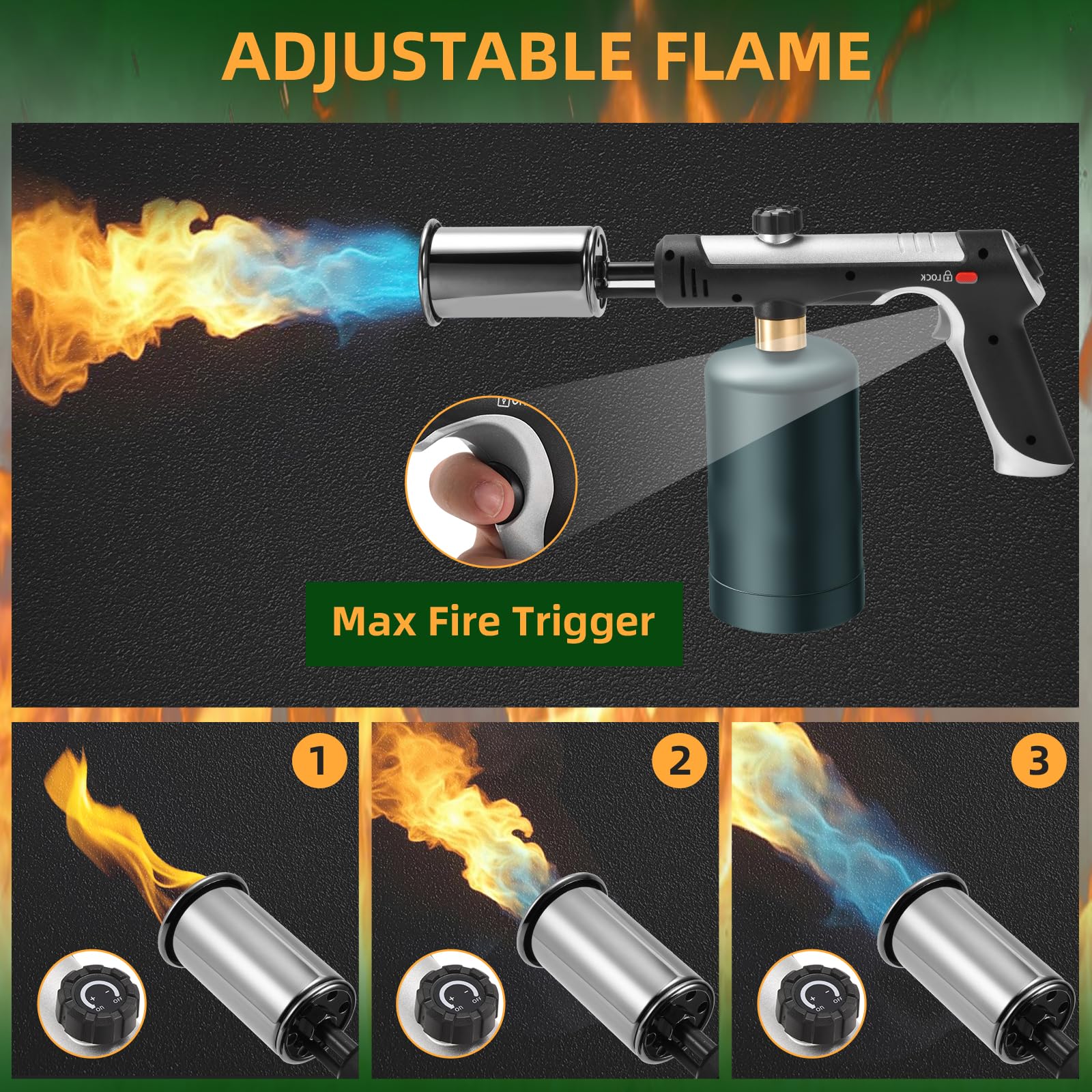 Gutenguy kitchen torch with adjustable flame from gentle to strong heat.
