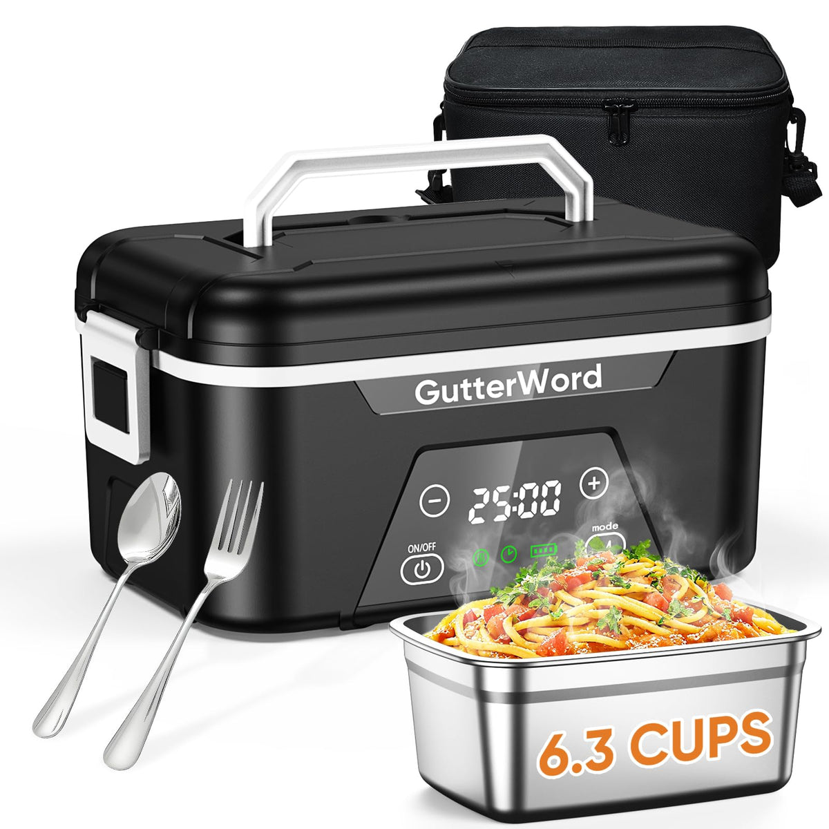 GutterWord cordless lunch box showing its 6.3-cup capacity for a full meal on the go