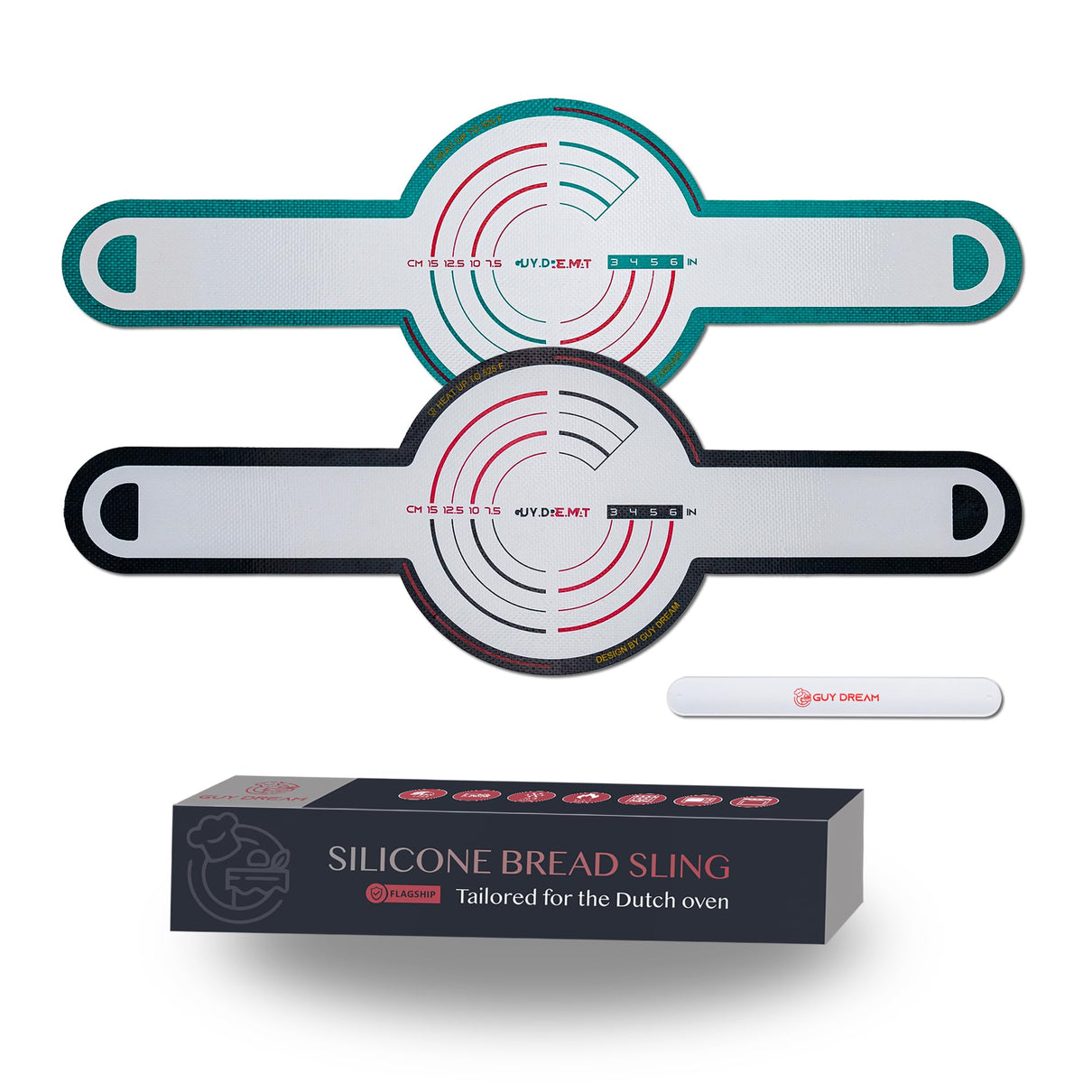 GUY.DRE.MAT silicone bread sling fits Dutch ovens for high-heat baking and easy release.