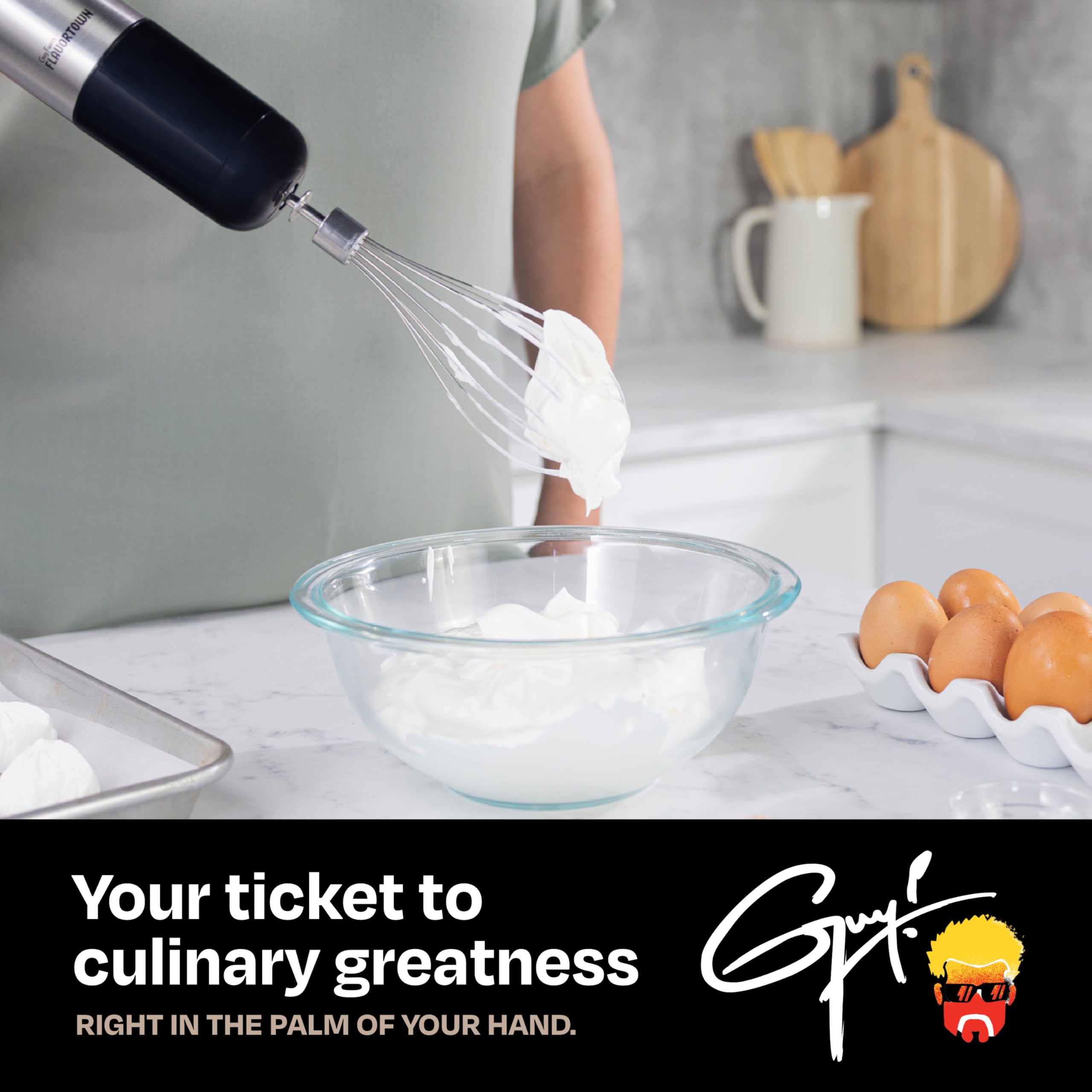 Guy Fieri's Flavortown attachments: whisk, chopper, and cup enable quick meal prep