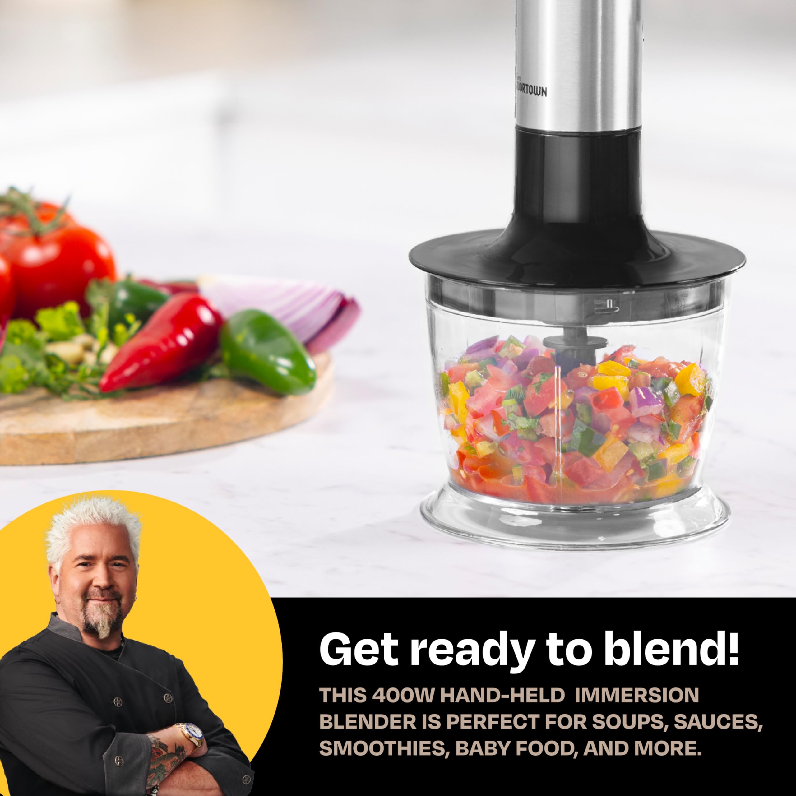 Guy Fieri's Flavortown hand blender with one-hand speed control for easy blending