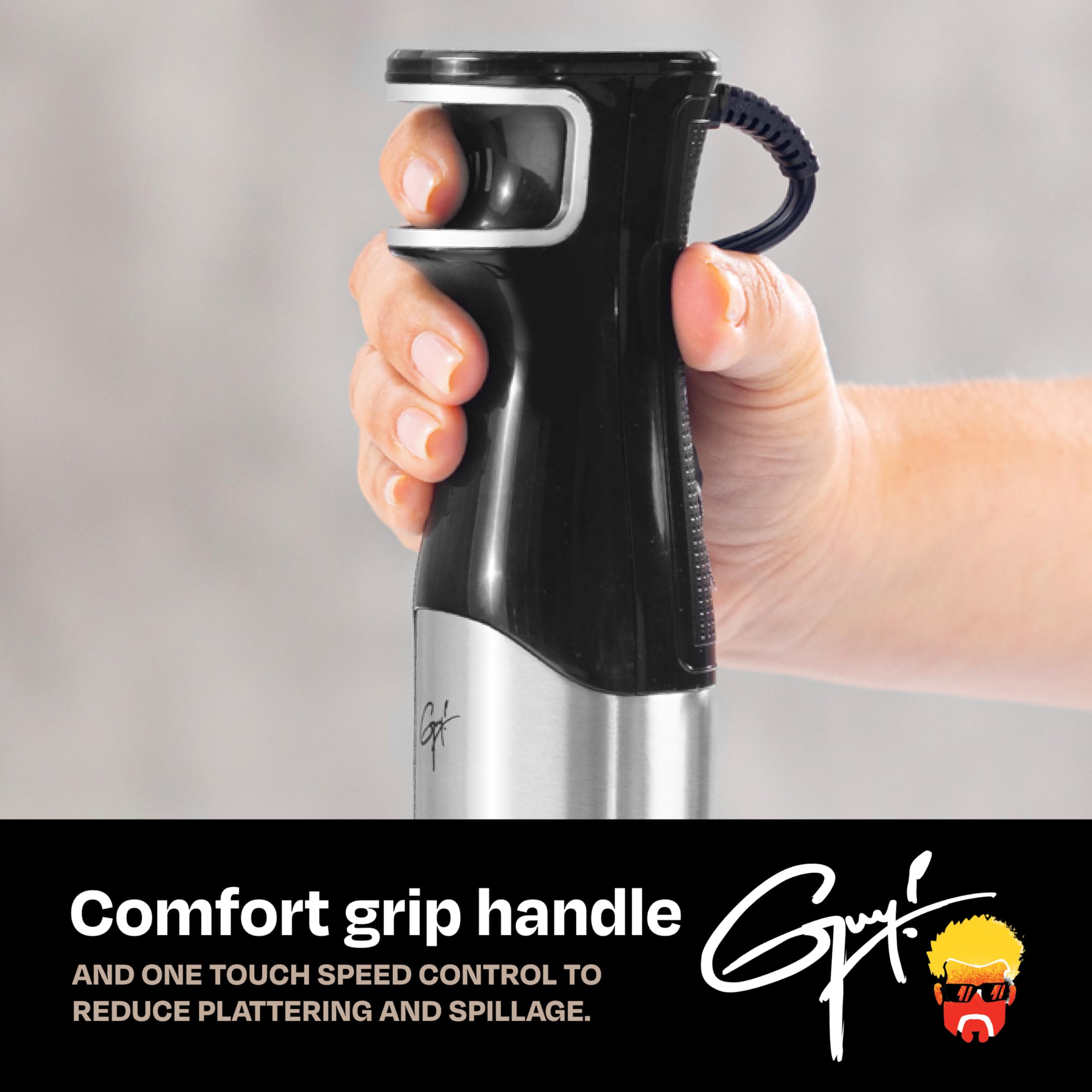 Guy Fieri's Flavortown scratch-resistant design protects cookware during blending