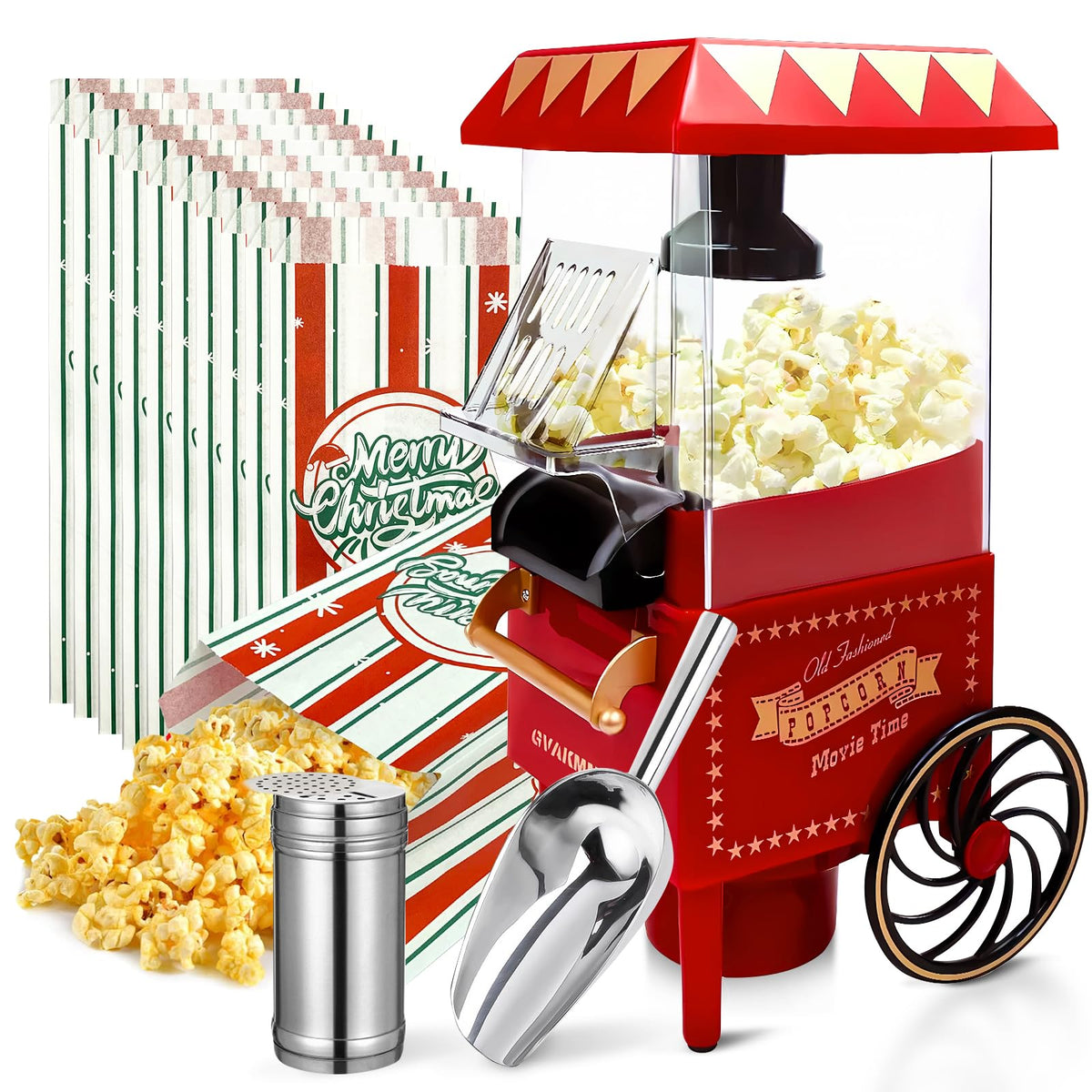 GVAKMM popcorn machine front view with retro design for quick oil-free popcorn.
