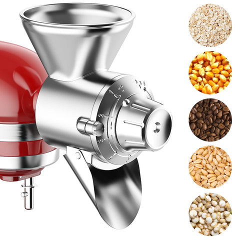 GVODE all-metal grain mill attachment on KitchenAid for durable, precise grinding.