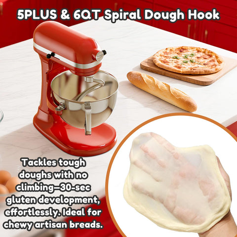 GVODE dishwasher-safe stainless steel dough hook for quick cleanups.
