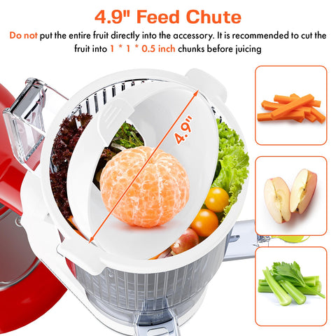 GVODE juicer attachment with oversized 4.9 inch feed chute for whole‑fruit juicing