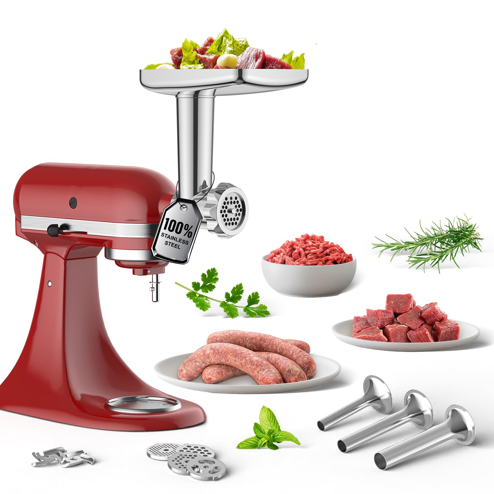 GVODE meat grinder attachment front view highlights durable stainless steel construction for KitchenAid.