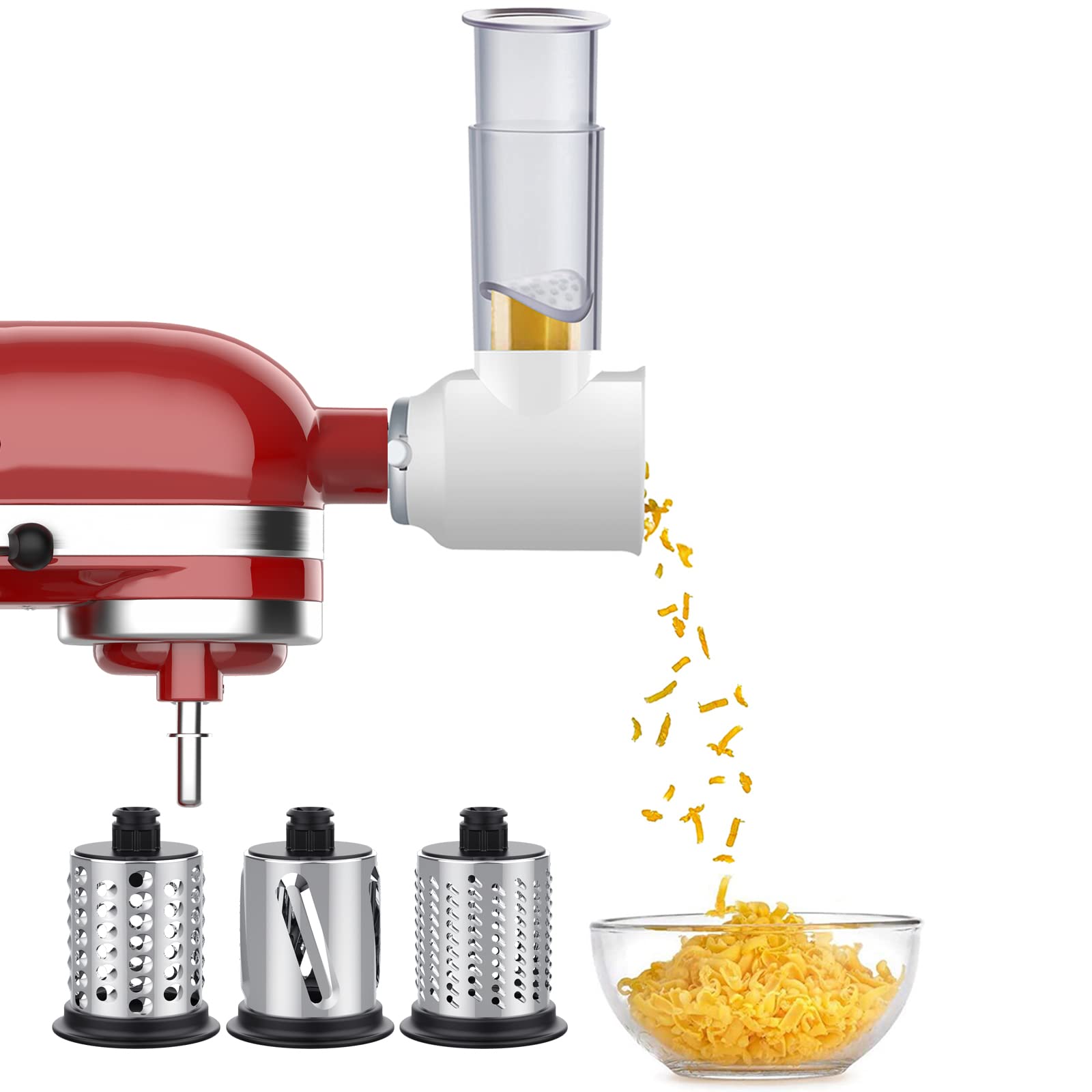 GVODE slicer shredder attachment on KitchenAid, enabling versatile slicing.