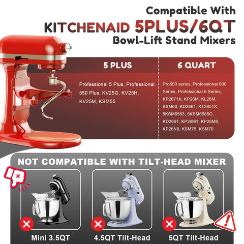 GVODE stainless-steel spiral dough hook for KitchenAid 6QT ensures even mixing.