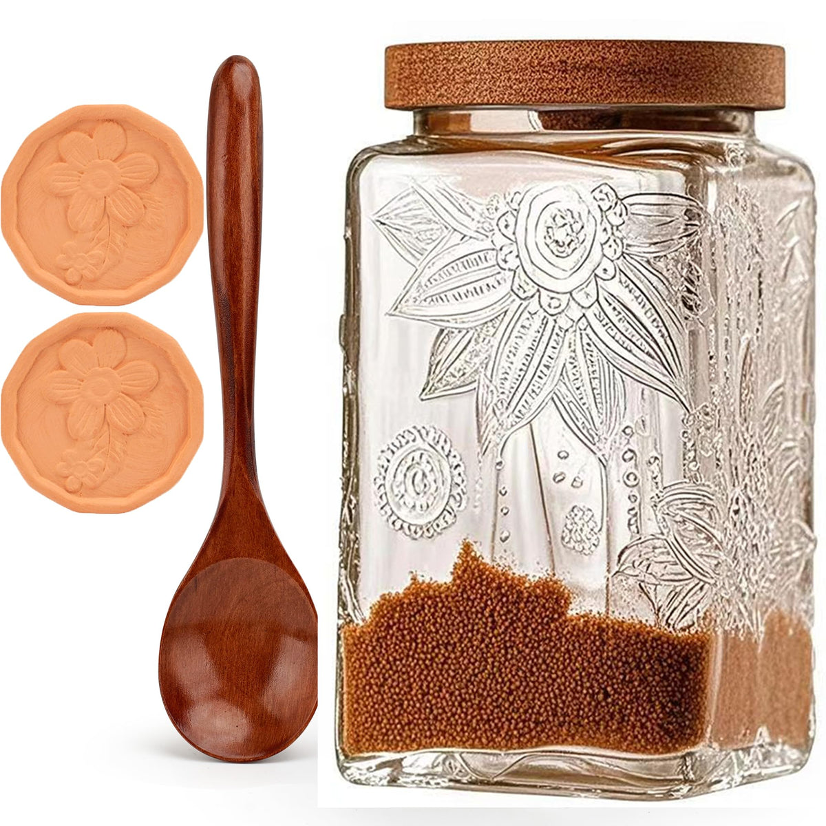 Gxiufen brown-sugar container with spoon for easy scooping and elegant counter display.