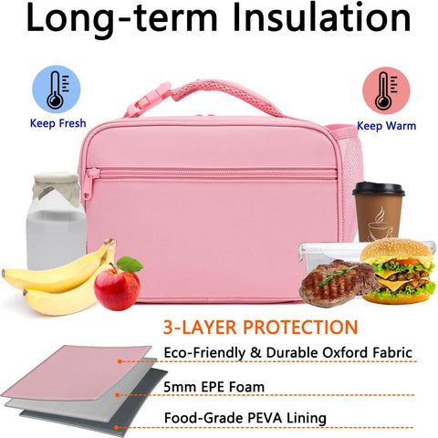 GYEUKHAM pink insulated lunch box with carry handle, easy to grab on the go.