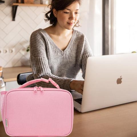 GYEUKHAM pink lunch box attached to backpack via detachable buckle handle.