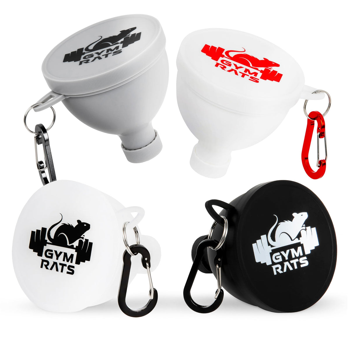 Gym Rats travel pack caps funnel showing spill-proof design for on-the-go usage