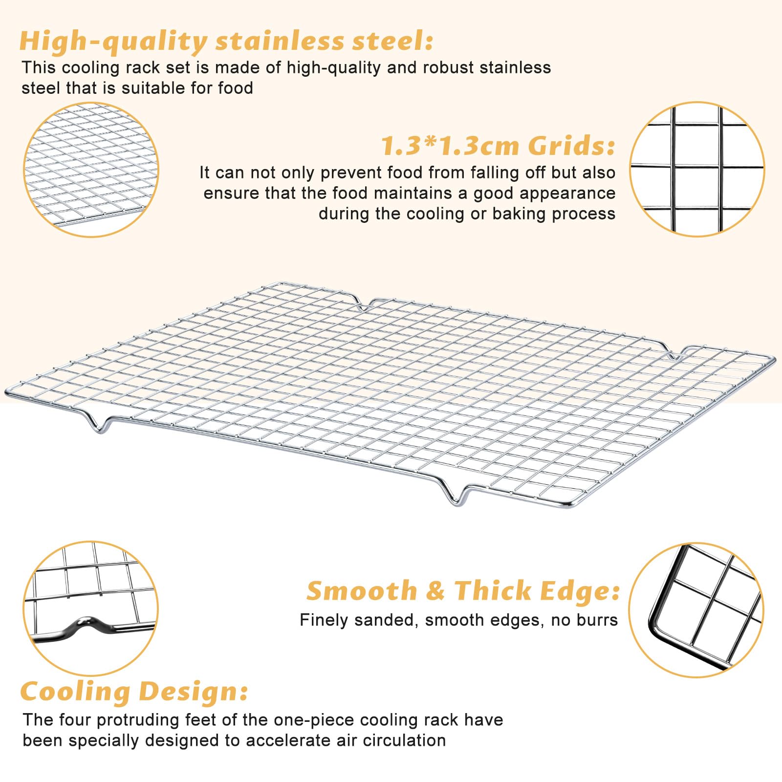 Gymdin stainless steel cooling racks with reinforced grids for support.