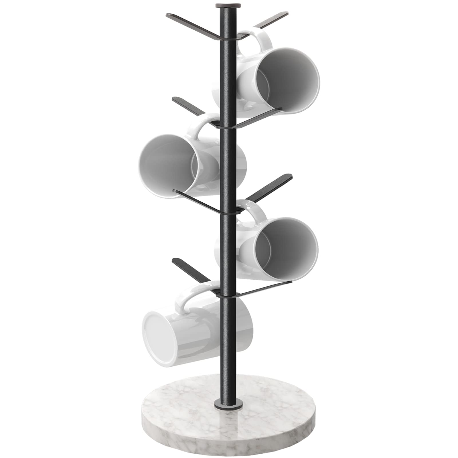 Gypie Marble Mug Holder Tree with 8 hooks keeps mugs neatly organized on the counter.