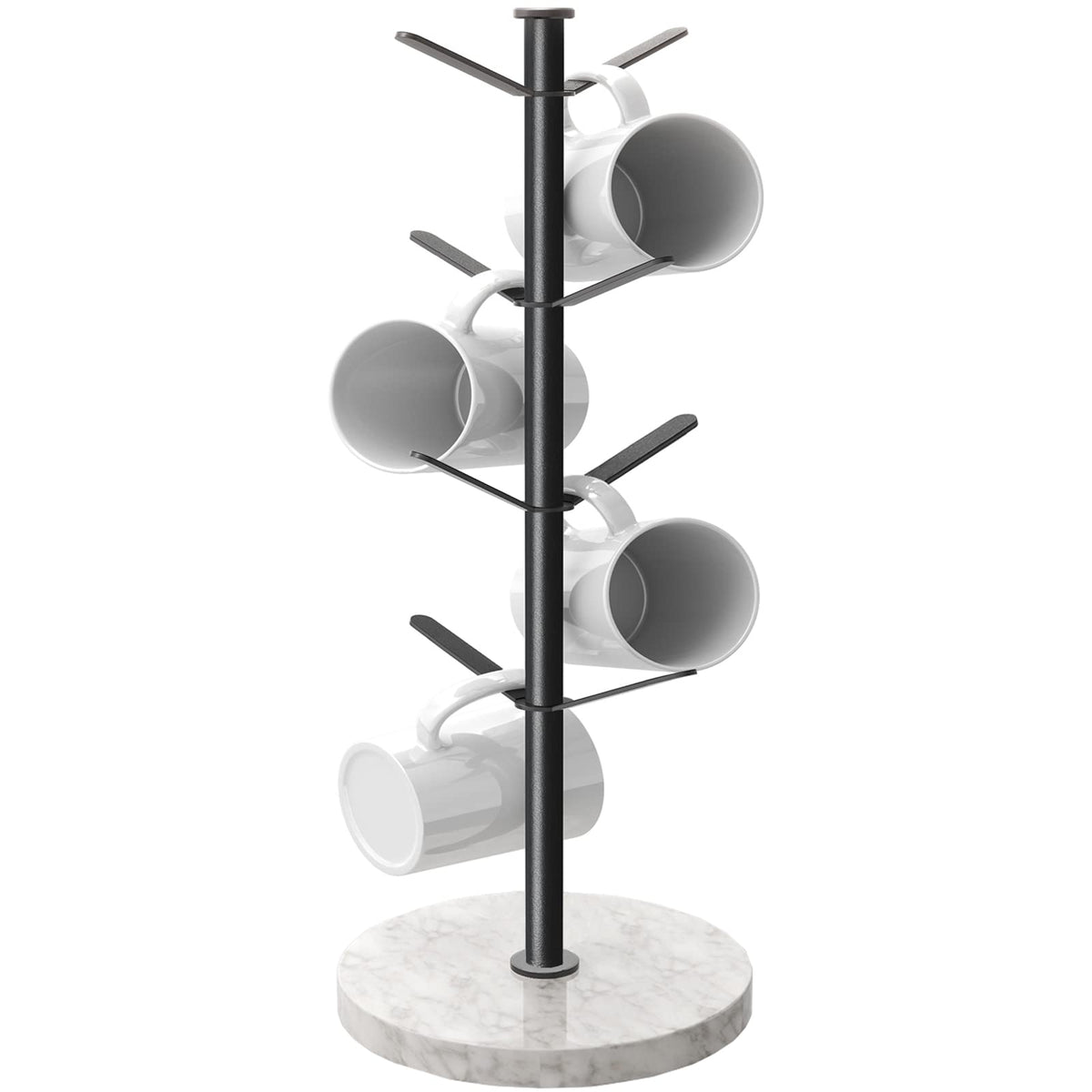 Gypie Marble Mug Holder Tree with 8 hooks keeps mugs neatly organized on the counter.