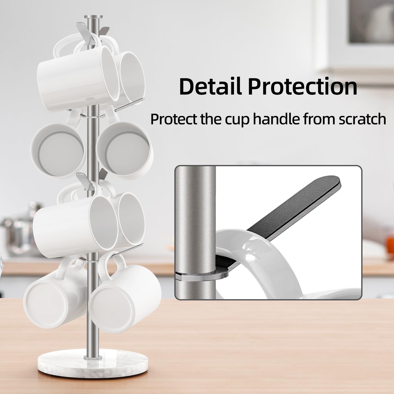 Gypie mug stand with anti-slip gasket protects countertops from slips.