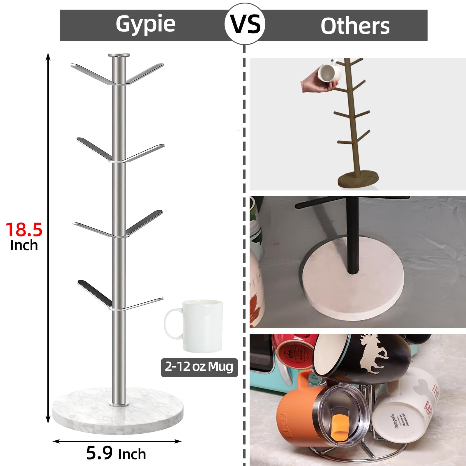 Gypie mug holder tree brushed nickel finish adds modern style to kitchen or cafe.